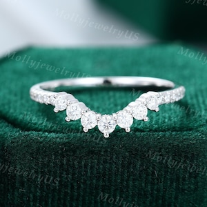 Curved wedding band vintage white gold Moissanite Unique Diamond Chevron Bridal Stacking Matching promise ring Anniversary delicate band