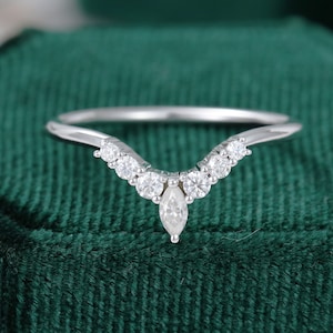 Curved wedding band vintage white gold Diamond wedding band women unique Marquise Moissanite Bridal Stacking Matching promise gift for her