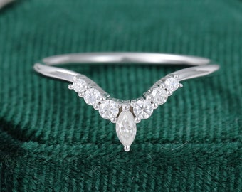 Curved wedding band vintage white gold Diamond wedding band women unique Marquise Moissanite Bridal Stacking Matching promise gift for her