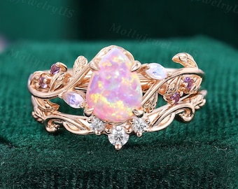 Pear Cut Lab Pink Opal Verlobungsring Set Massiv Rosegold Ehering Set Marquise Mondstein Brautsatz Naturblattring Amethystring