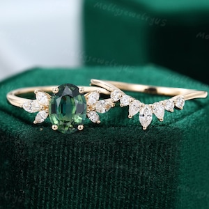 Oval Green Blue Sapphire engagement ring set vintage unique yellow gold engagement ring women Marquise Diamond wedding Bridal Anniversary