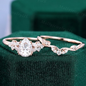 Pear shaped Moissanite engagement ring set Delicate Rose gold Cluster engagement ring women Diamond Bridal ring set Promise Anniversary ring