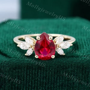 Pear shaped ruby Engagement Ring Yellow gold vintage Unique wedding ring Marquise cut diamond Cluster Moissanite Bridal Annual gift for her