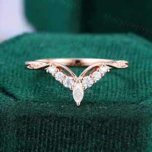 Curved wedding band Vintage rose gold wedding ring Hollow-out Marquise cut Diamond ring Moissanite leaf ring Matching Stacking ring