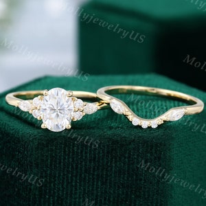 Oval cut Moissanite engagement ring set vintage Diamond Yellow gold unique engagement ring Women bridal set Marriage ring Anniversary gift