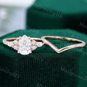Pear shaped Moissanite engagement ring set vintage unique Rose gold engagement ring women Marquise Diamond wedding Promise Anniversary gift
