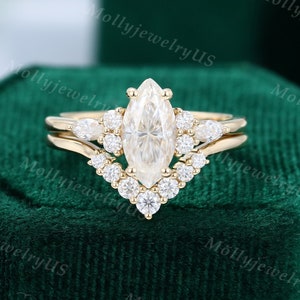 Marquise cut Moissanite engagement ring set vintage Bridal set yellow gold unique engagement ring women Curved diamond wedding Promise ring