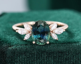 Oval Green Blue Sapphire Engagement Ring vintage Unique Marquise cut diamond Cluster ring Rose gold ring Bridal ring Anniversary gift