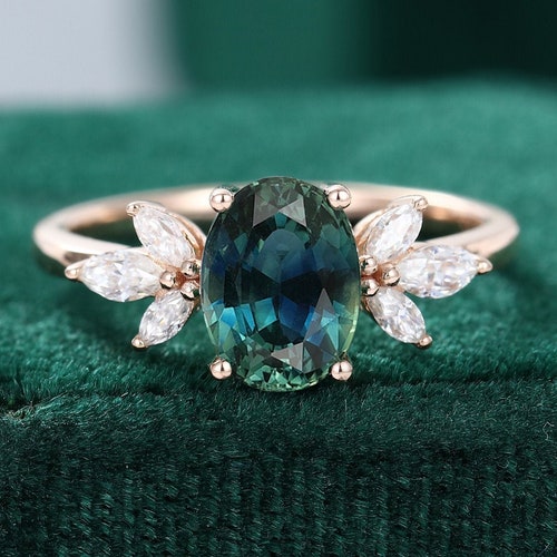 Rose Gold Engagement Ring Peacock Blue Green Sapphire Pear Cut - Etsy