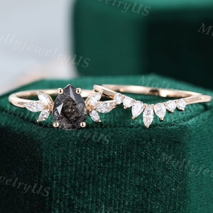 Pear cut Black Rutilated Quartz engagement ring set Vintage rose gold moissanite bridal set Marquise Diamond wedding ring set Promise ring