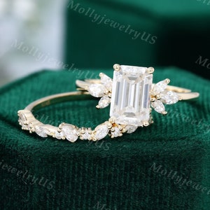 6*9mm Emerald cut Moissanite engagement ring set vintage yellow gold Unique engagement women Marquise Diamond wedding Bridal Anniversary