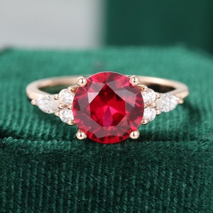 Lab Ruby engagement ring rose gold Unique Cluster engagement ring women vintage Marquise cut diamond/Moissanite Bridal Anniversary gift