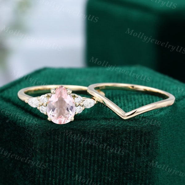 Vintage Pear shaped Morganite engagement ring set Unique Yellow gold Moissanite engagement ring women Bridal diamond ring set Promise ring