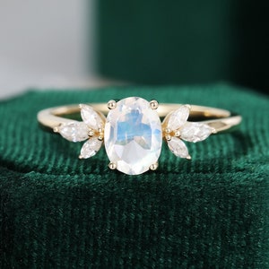 Oval moonstone engagement ring vintage unique yellow gold engagement ring women Marquise cut diamond Moissanite Bridal Anniversary gift