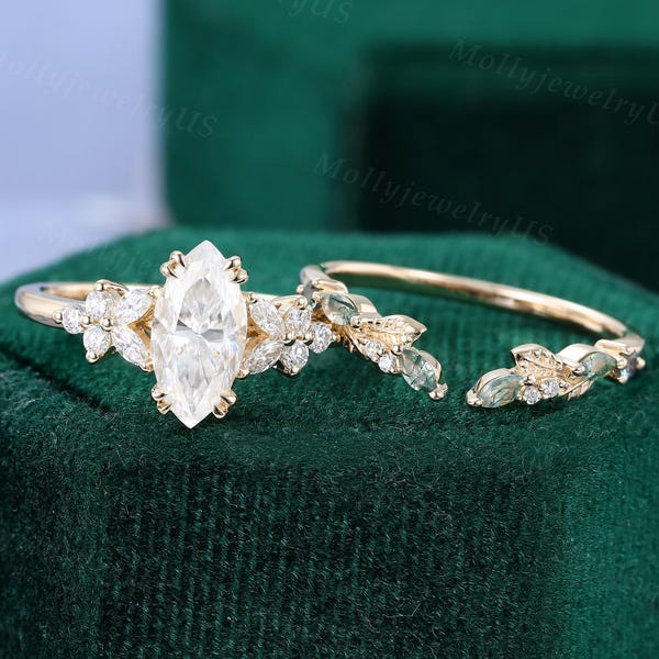 Marquise cut Moissanite engagement ring set Yellow gold bridal set Diamond cluster bridal set Marquise cut moss agate ring Promise ring