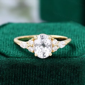 White sapphire engagement ring Oval cut Unique engagement ring yellow gold Marquise cut diamond wedding women Bridal Anniversary gift