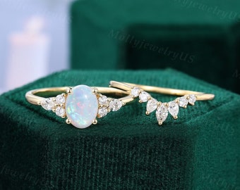 Oval Opal engagement ring set Vintage yellow gold moissanite ring set Art Deco Diamond ring Marquise cut bridal set Unique marriage ring