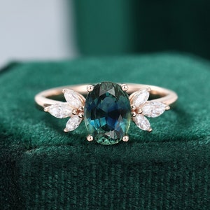 Oval Green Blue Sapphire Engagement Ring Vintage Unique