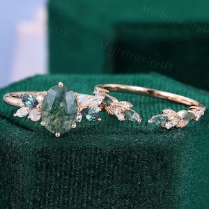 Oval cut Moss agate engagement ring set Rose gold moissanite bridal set Marquise alexandrite ring Diamond leaf ring Opal ring Promise gift