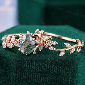 Anillo de compromiso de ágata musgosa en forma de pera, conjunto nupcial de moissanita en oro rosa, anillo de hoja de diamante, anillo de rama art déco, anillo de promesa botánico