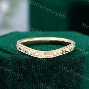 Full eternity Curved Floral wedding band women Unique vintage wedding band Yellow gold Bridal Milgrain ring Matching promise gift for her