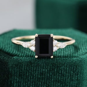 Smaragd geschnitten schwarzer Onyx Verlobungsring Vintage Gelbgold Marquise Schnitt Diamant Cluster einzigartige Verlobungsring Frauen Brautversprechen Geschenk