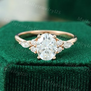 Oval Moissanite engagement ring vintage unique Cluster rose gold engagement ring women Marquise diamond wedding Bridal art deco Anniversary