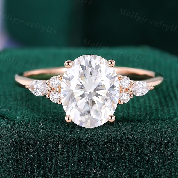 Anello di fidanzamento con diamante IGI taglio ovale da 8*10 mm, anello vintage in oro rosa con moissanite, anello nuziale a grappolo, anello di promessa per donna di MollyjewelryUS