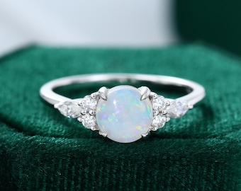 Opal engagement ring vintage Diamond cluster Moissanite ring white gold engagement ring  Unique Bridal Jewelry Anniversary ring art deco