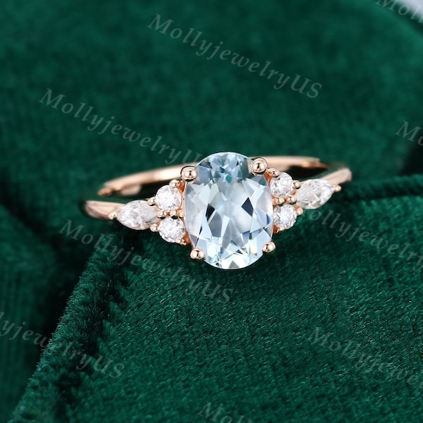 Oval Aquamarine engagement ring vintage Unique rose gold engagement ring women Marquise Moissanite/Diamond Cluster wedding ring Bridal gift