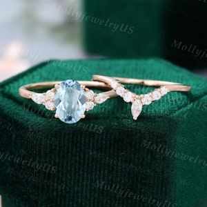 Oval Aquamarine engagement ring set vintage Unique Marquise cut Diamond Cluster engagement ring rose gold Moissanite wedding gift for women