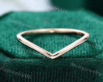 Minimalist Curved wedding band vintage simple rose gold wedding band women Unique Chevron Bridal promise ring Anniversary gift for her