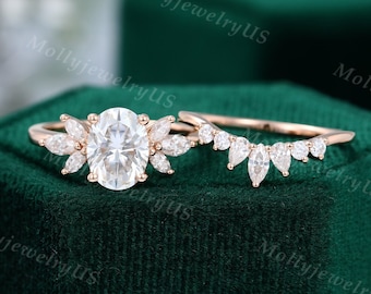 Ensemble de bagues de fiançailles ovales en moissanite vintage Bague de fiançailles unique en or rose pour femme, taille marquise, ensemble de diamants pour la mariée, bague d'anniversaire