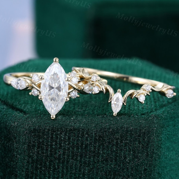 Marquise cut Moissanite engagement ring set Vintage solid yellow gold crescent moon ring Marquise cut diamond bridal set Twist promise ring