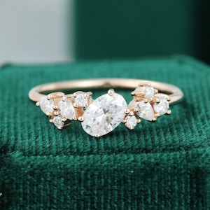 Cluster engagement ring women Oval cut Moissanite engagement ring rose gold vintage unique Pear shaped diamond Bridal Anniversary gift