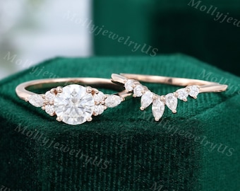 Moissanite engagement ring set rose gold unique Cluster engagement ring Diamond vintage Marquise Pear shaped Promise Anniversary ring