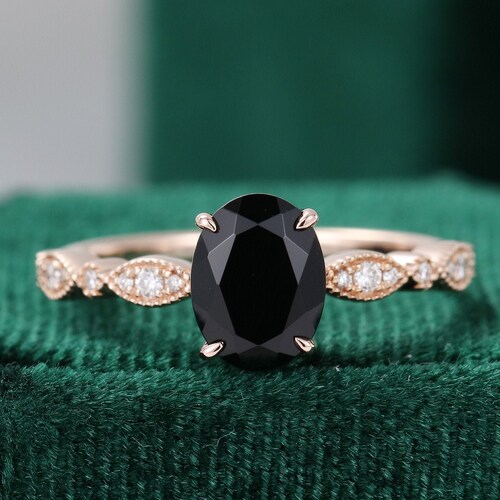 Oval Cut Black Onyx Engagement Ring Vintage Unique Rose Gold - Etsy