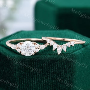 Moissanite engagement ring set rose gold unique Cluster engagement ring Diamond vintage Marquise Pear shaped Promise Anniversary ring image 1