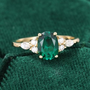 Oval cut Emerald engagement ring vintage 14K yellow gold Unique Marquise cut Diamond cluster engagement ring women Bridal Promise gift
