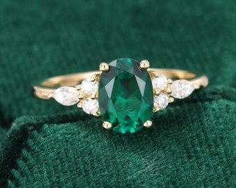 Oval cut Emerald engagement ring vintage 14K yellow gold Unique Marquise cut Diamond cluster engagement ring women Bridal Promise gift