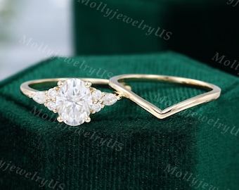 Oval cut Moissanite engagement ring set vintage unique yellow gold engagement ring women Marquise Cluster set Diamond Minimalism wedding set