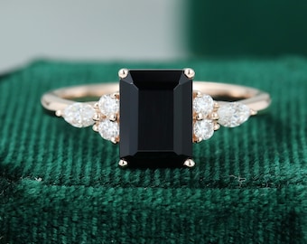 Smaragd geschnitten Schwarzer Onyx Verlobungsring Vintage Diamant Cluster Ring einzigartige Rosegold Verlobungsring Frauen Marquise Braut Versprechen