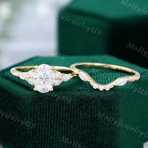 Oval cut Moissanite engagement ring set vintage Diamond Yellow gold unique engagement ring Women bridal set Marriage ring Anniversary gift