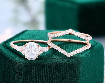 Oval Moissanite engagement ring set vintage unique rose gold engagement ring women Half eternity Stacking Matching wedding Bridal Promise