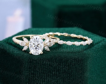 Ensemble bague de fiançailles ovale Moissanite vintage Bague de fiançailles en or jaune pour femme Marquise Moissanite Bague d'anniversaire de mariage éternité complète