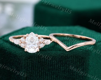 Pear shaped Moissanite engagement ring set vintage unique Rose gold engagement ring women Marquise Diamond wedding Promise Anniversary gift