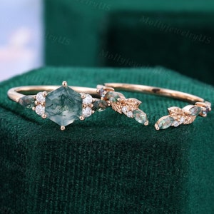 Hexagon cut Moss agate engagement ring set Antique rose gold moissanite ring set Marquise diamond open Cluster ring Art deco leaf ring set