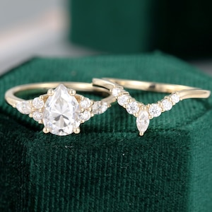 Pear shaped Moissanite engagement ring set vintage yellow gold unique engagement ring woman Marquise diamond wedding Bridal Promise gift