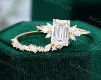 6*9mm Emerald cut Moissanite engagement ring set vintage yellow gold Unique engagement women Marquise Diamond wedding Bridal Anniversary