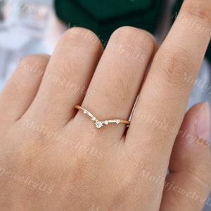 Curved wedding band women Moissanite wedding band vintage ring yellow gold unique band Diamond ring Bridal ring stacking band dainty ring